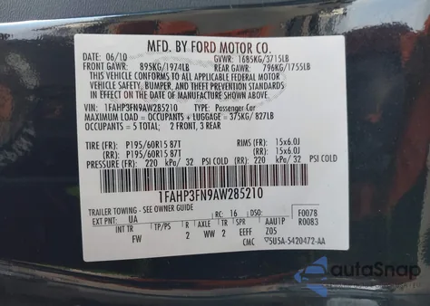 2010 Ford Focus Se from USA, damaged, VIN 1FAHP3FN9AW285210